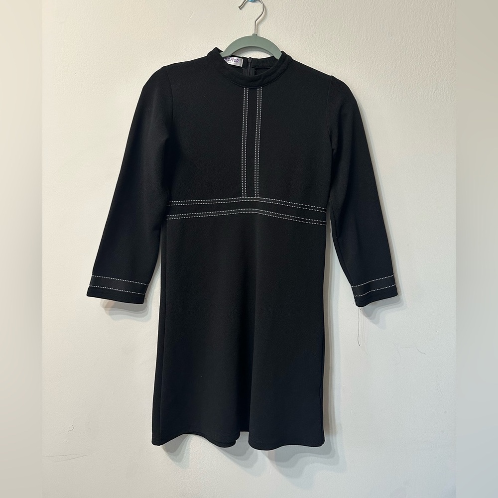 KILOTTOR Girls Black A-Line Dress 13Y Mock Neck Long Sleeve Contrast Stitching